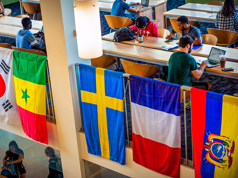 Tulane students studying near international country flags